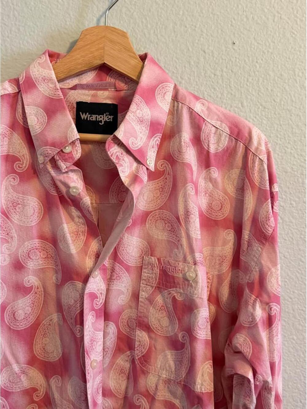 Men’s Vintage Wrangler Pink Paisley Button Down Shirt Sz XL